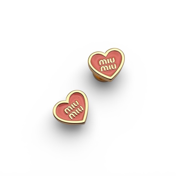 Miu Miu Jewelry - Miu Miu Pink Heart Logo Enamel Gold-Tone Stud Earrings